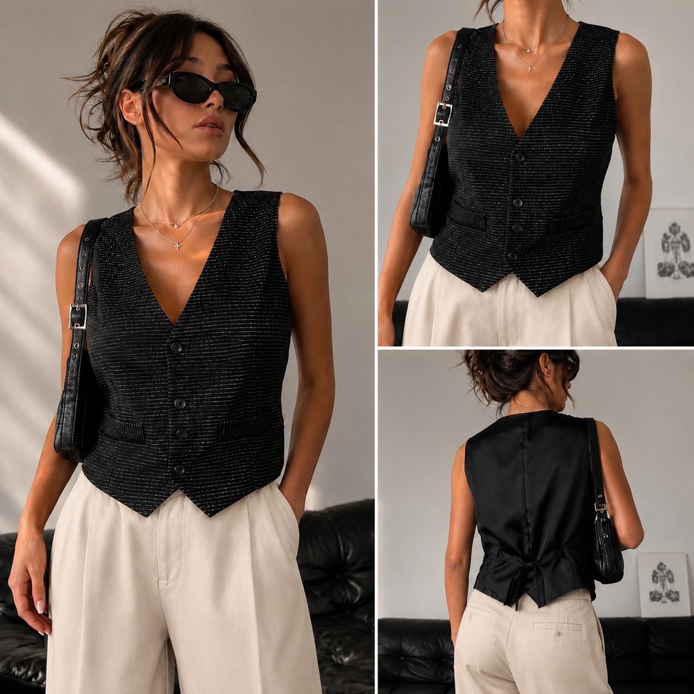 Vtg Y2K Vest Waistcoat Unisex Large Black Silver Glitter Sparkle Western Glam